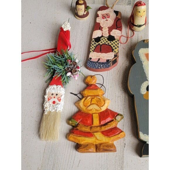 Santa Claus paint brush rustic wooden variety ornament Xmas set - Picture 7 of 12